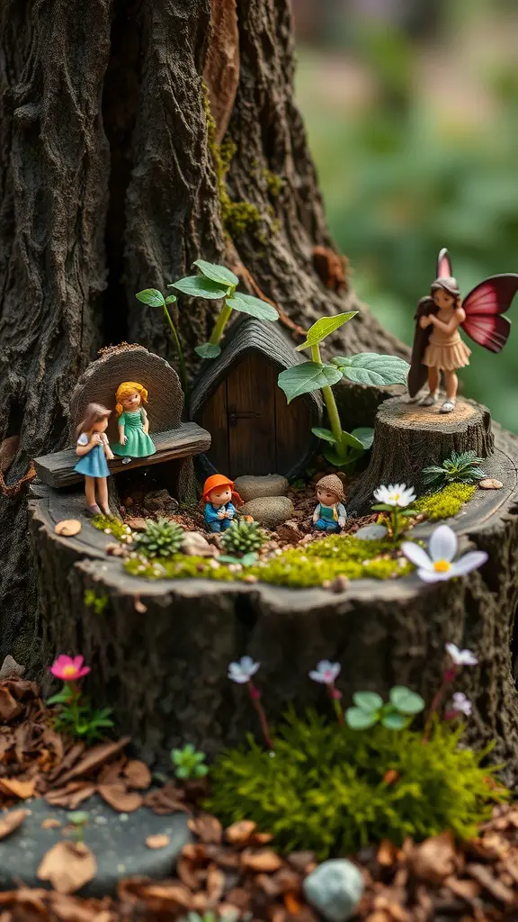 A mini fairy garden created in a tree stump, featuring colorful fairy figurines, a tiny house, and lush greenery.