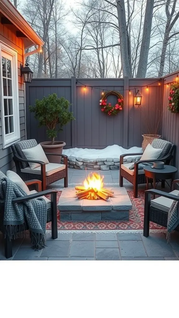 29 Creative Small Patio Decorating Ideas You’ll Love 3 Cozy mini fire pit setup on a small patio with chairs and decorative elements.