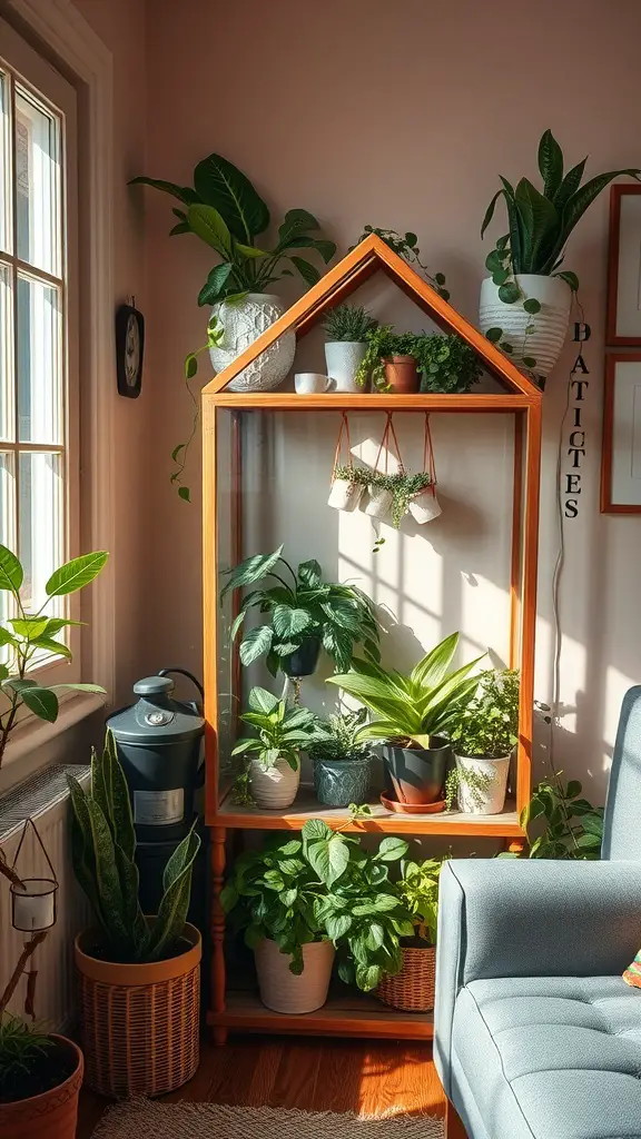 17 Creative Indoor Garden Ideas to Transform Your Space 17 A cozy indoor mini greenhouse filled with various plants, surrounded by additional potted plants in a sunlit corner.