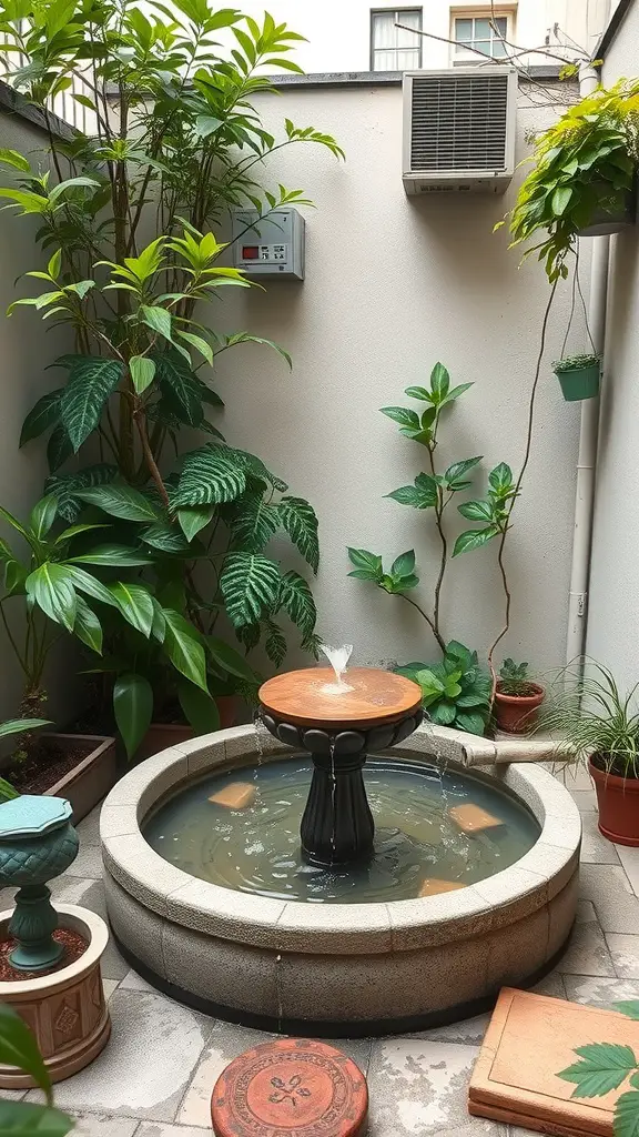 17 Creative Small Apartment Patio Ideas You’ll Love 12 A small patio featuring a mini water fountain surrounded by plants.