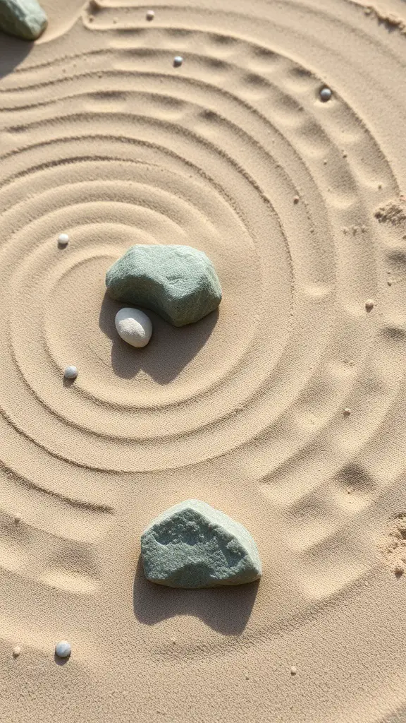 A close-up of a mini Zen sand garden with smooth stones and circular patterns in the sand.
