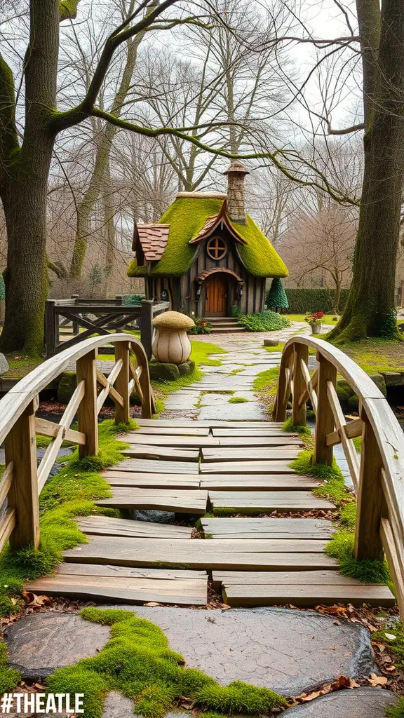 A wooden bridge over a mossy stream leading to a fairy house