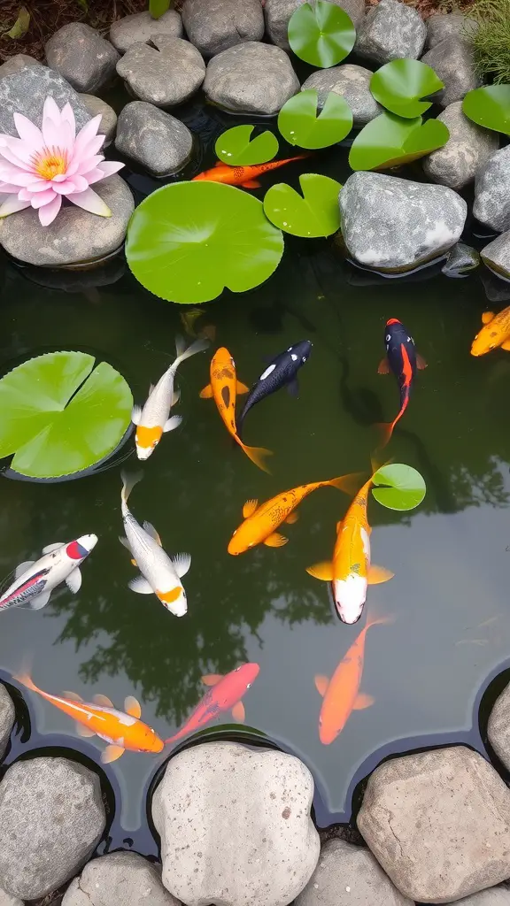 A serene miniature koi pond with colorful koi fish, lily pads, and a pink lotus flower surrounded by smooth stones.