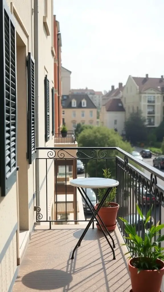 23 Creative Small Balcony Decor Ideas You Need to Try 8 A small balcony with a round table and potted plants, ideal for outdoor dining.