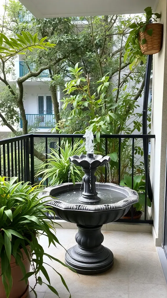 21 Creative Balcony Landscaping Ideas You’ll Love 5 A small fountain on a balcony surrounded by green plants.
