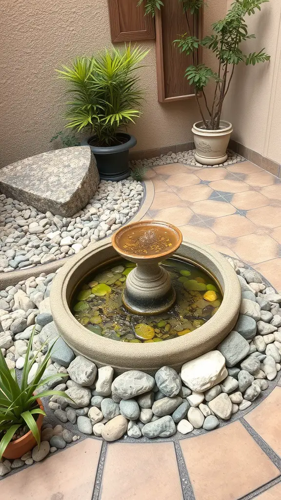 15 Charming Small Outdoor Patio Ideas for a Cozy Retreat 8 A small outdoor patio featuring a miniature water fountain surrounded by pebbles and plants.