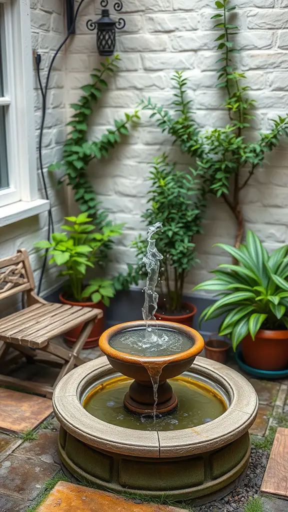 15 Creative Tiny Patio Ideas for Your Outdoor Space 13 A small fountain in a cozy patio surrounded by plants and a wooden chair.