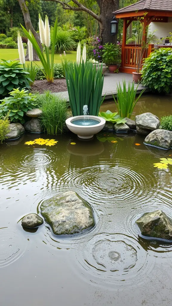 21 Stunning Pond Landscaping Ideas to Transform Your Backyard 15 A small fountain in a garden pond surrounded by rocks and plants.
