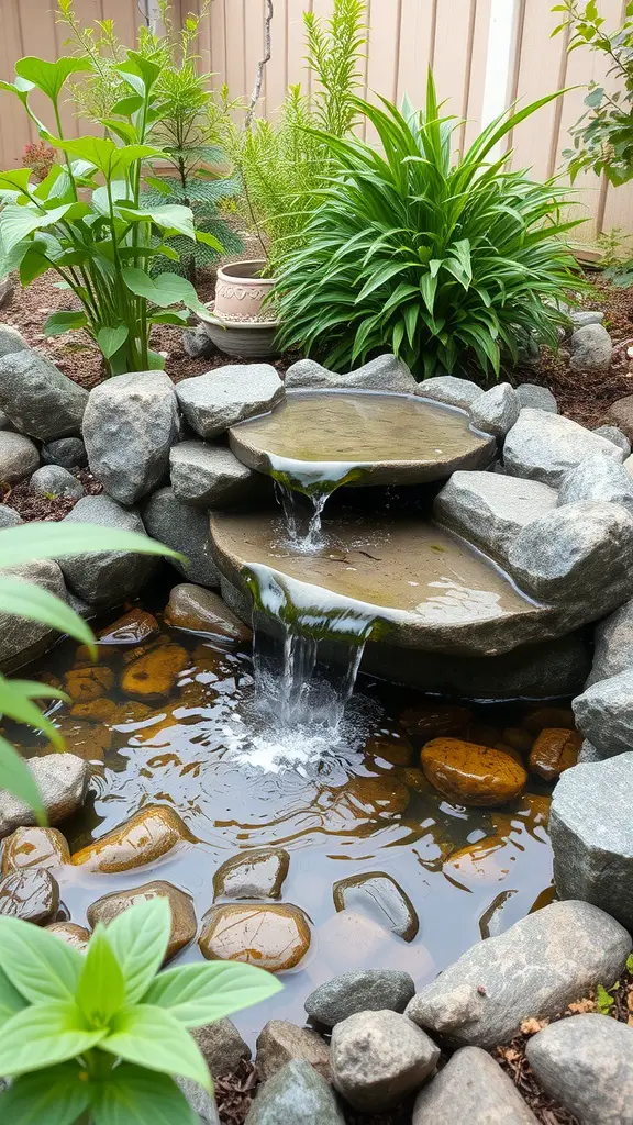 19 Creative Backyard Ideas for Renters 17 A small pond with a waterfall surrounded by rocks and plants.