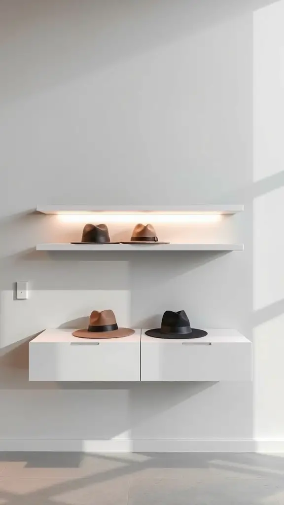 19 Creative Hat Rack Ideas for Your Home 11 A minimalist floating shelf displaying hats with a soft light underneath.