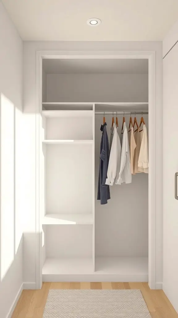 21 Creative Open Closet Ideas for Stylish Organization 9 A minimalist open closet with white shelving, hanging clothes, and a light-colored rug.