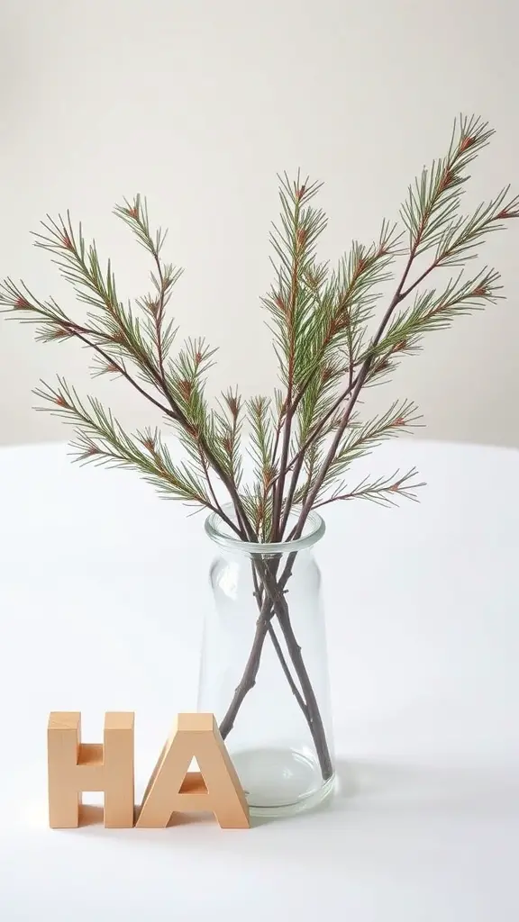 Minimalist centerpieces featuring pine and cedar branches in a glass vase