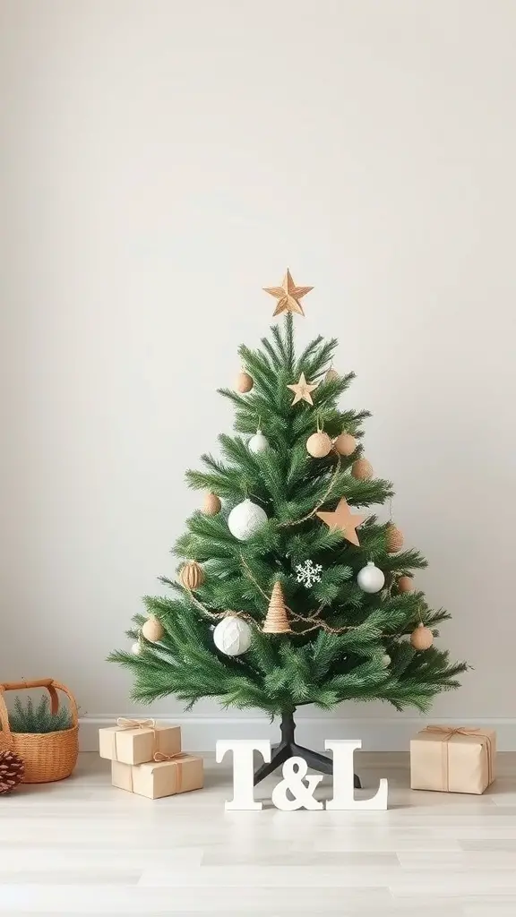 21 Creative Christmas Tree Ideas for a Cozy Fall Celebration 12 A minimalist Scandinavian style Christmas tree decorated with natural ornaments and gifts.