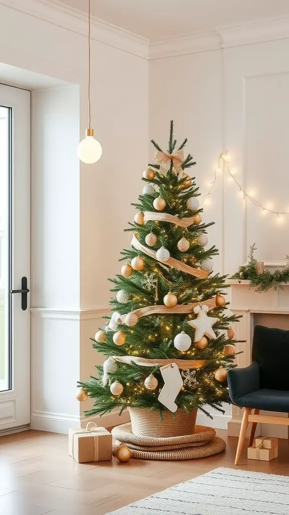 19 Unique Christmas Tree Ideas to Brighten Your Holidays 2 A minimalist Scandinavian style Christmas tree decorated with gold and white ornaments, surrounded by gifts and a cozy chair.