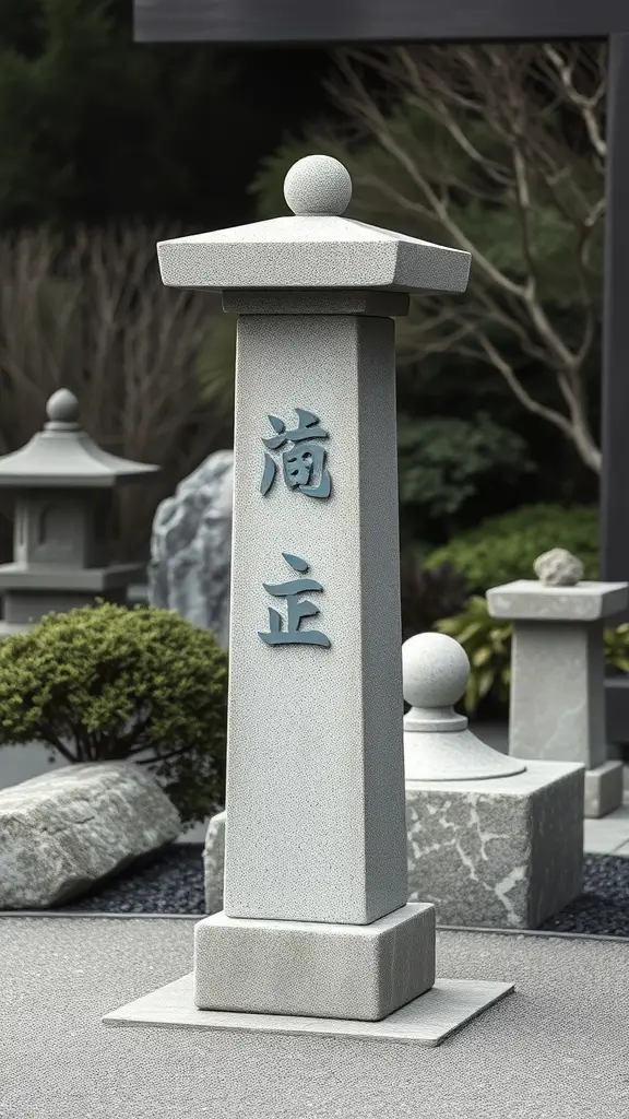 19 Stunning Garden Totems to Elevate Your Outdoor Space 15 A minimalist stone pillar totem with engraved characters, surrounded by greenery and other garden elements.