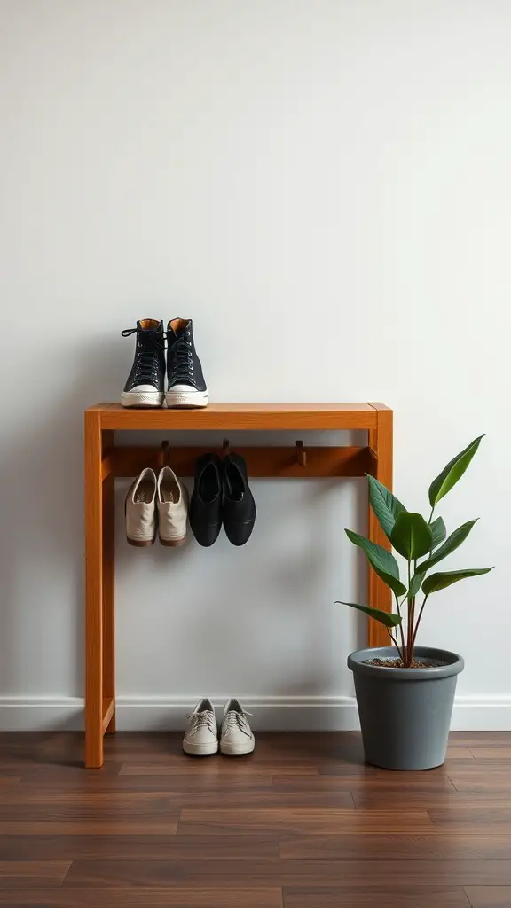 21+Creative DIY Shoe Rack Ideas to Organize Your Space 4 A minimalist wooden shoe rack displaying several pairs of shoes and a potted plant.