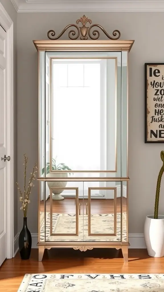 A stylish mirror cabinet with ornate design in an entryway, featuring storage space and reflective surfaces.