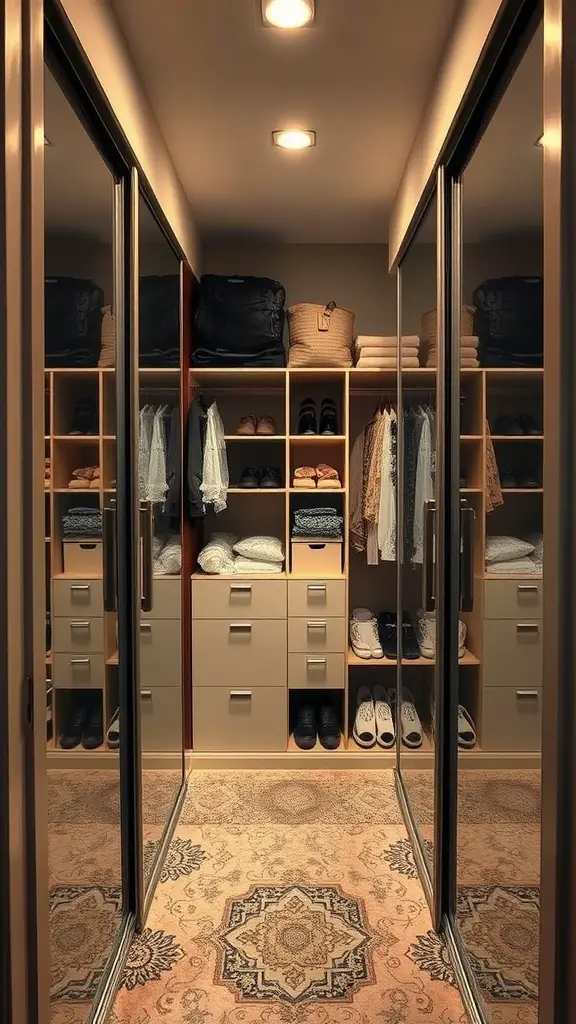A small walk-in closet featuring mirror doors, organized shelves, and a stylish rug.