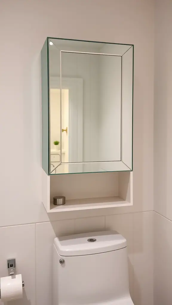 17 Creative Over Toilet Storage Ideas for Small Bathrooms 8 A sleek mirrored cabinet mounted above a toilet in a modern bathroom