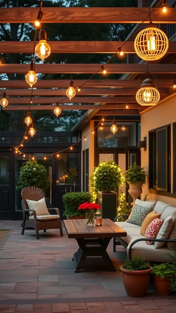 23+ Creative Patio String Light Ideas to Transform Your Outdoor Space 16 A cozy patio with various string lights and different light fixtures, showcasing an inviting outdoor space.