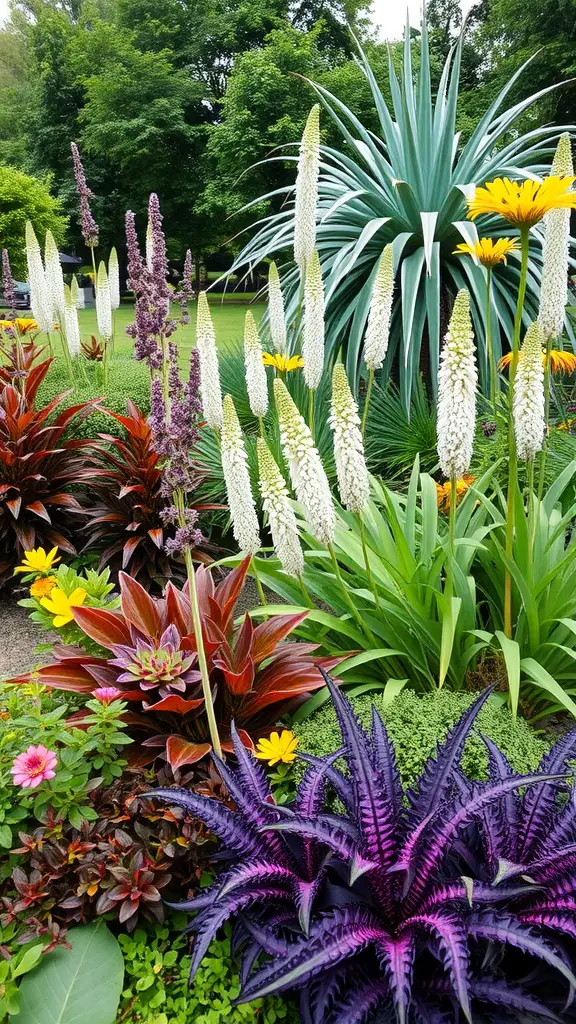 A colorful perennial garden featuring a mix of tall and low plants with varying textures.