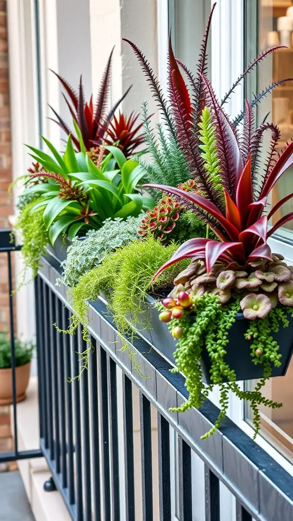 23 Creative Balcony Railing Planters to Transform Your Outdoor Space 13 A vibrant balcony railing planter featuring a mix of green ferns, red bromeliads, and succulent plants.