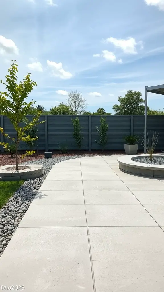 19+ Stunning Concrete Patio Makeover Ideas You’ll Love 16 A concrete patio featuring a smooth pathway alongside gravel and greenery.