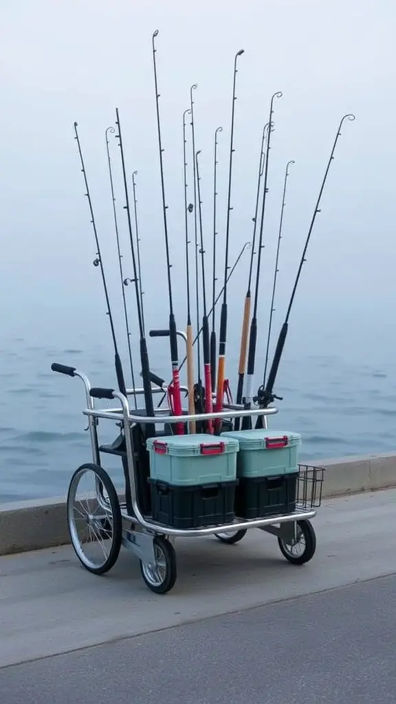 29+ Creative Fishing Rod Storage Ideas for Every Angler 14 A mobile fishing rod cart with multiple fishing rods and storage bins by the water.