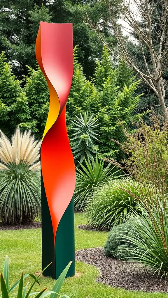19 Stunning Garden Totems to Elevate Your Outdoor Space 6 A modern abstract garden sculpture with red and yellow colors surrounded by green plants.