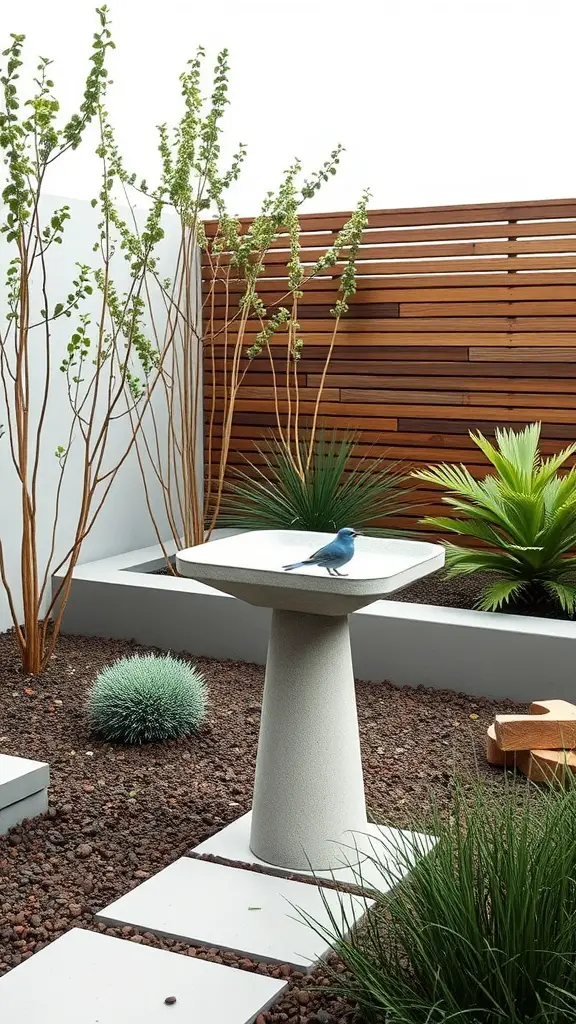 21 Creative Bird Bath Ideas for Stunning Landscaping 4 A modern concrete bird bath in a landscaped garden with plants and gravel.