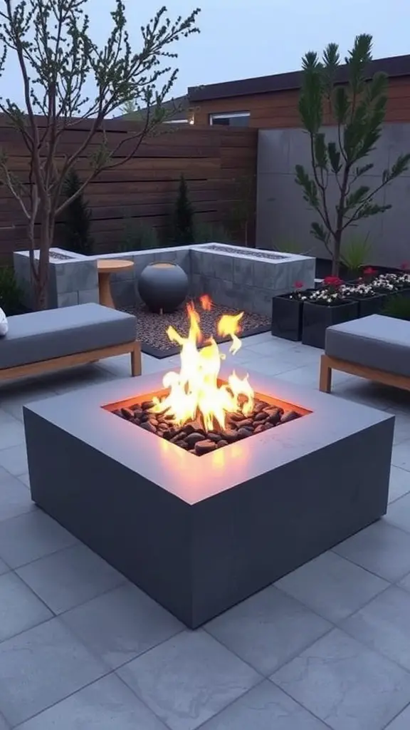 17 Creative DIY Fire Pit Ideas for Your Backyard 9 A modern concrete fire pit surrounded by seating and greenery.