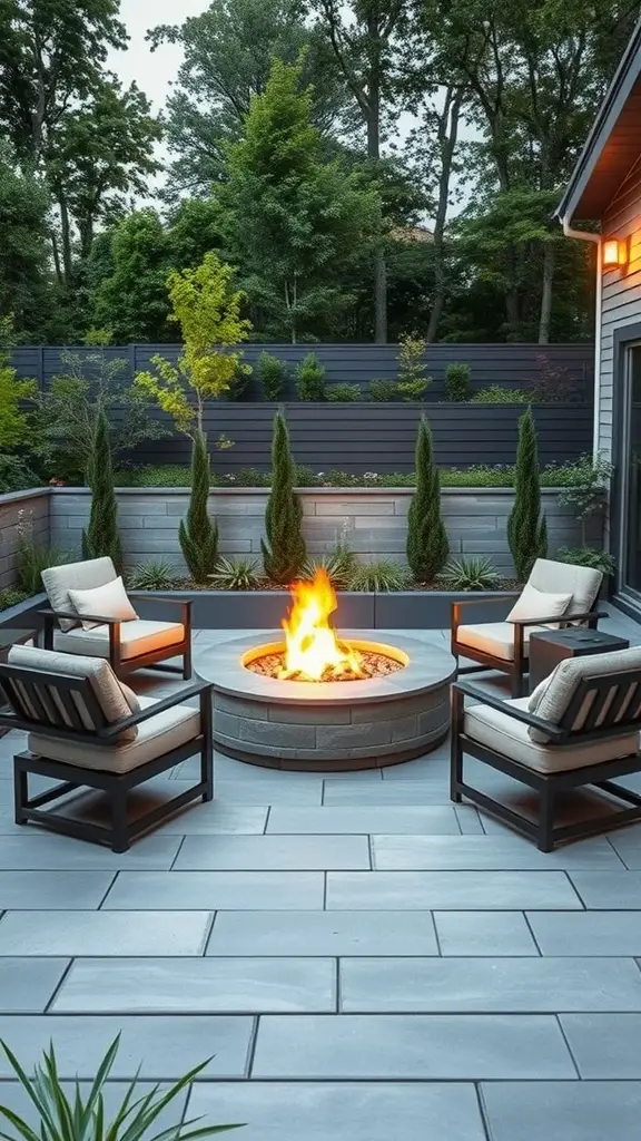 A modern flagstone patio featuring a fire pit surrounded by chairs and greenery.