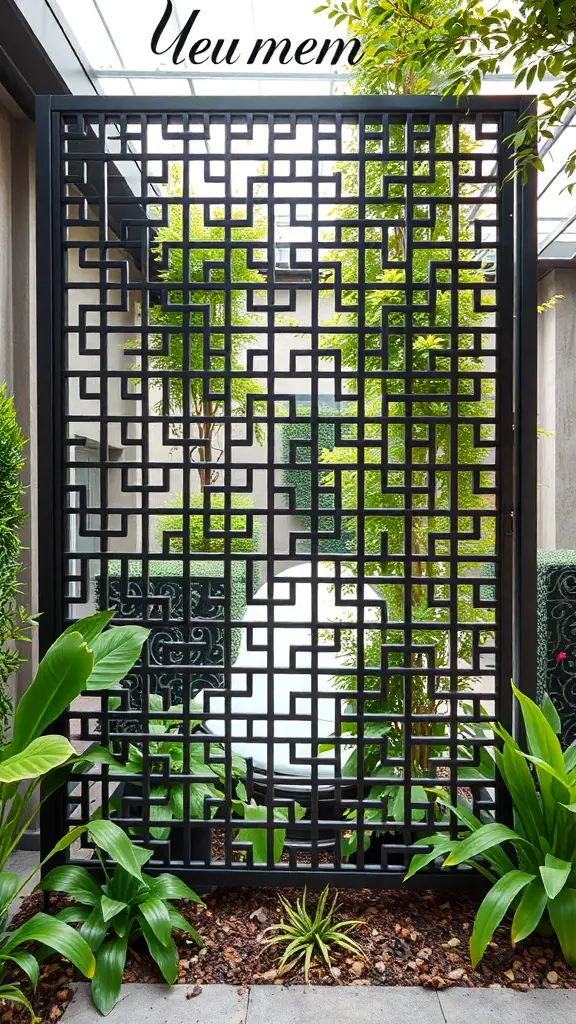 17 Creative Lattice Privacy Screen Ideas for Your Outdoor Space 7 A modern black metal lattice screen with a geometric pattern, surrounded by green plants.