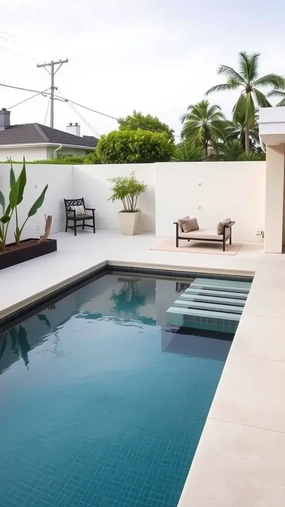 21+ Unique Stock Tank Pool Ideas for Your Backyard Oasis 4 A modern minimalist backyard featuring a stock tank pool, neutral tiles, and simple seating.