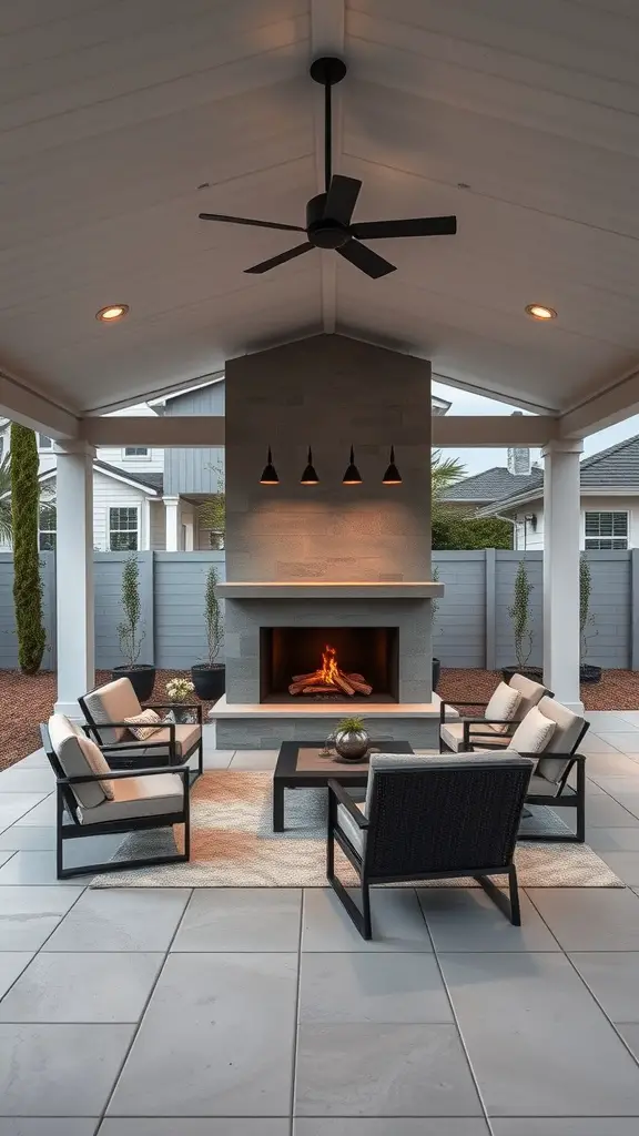 27 Cozy Outdoor Covered Patios with Fireplaces for Ultimate Comfort 2 Modern minimalist outdoor patio with a fireplace and comfortable seating