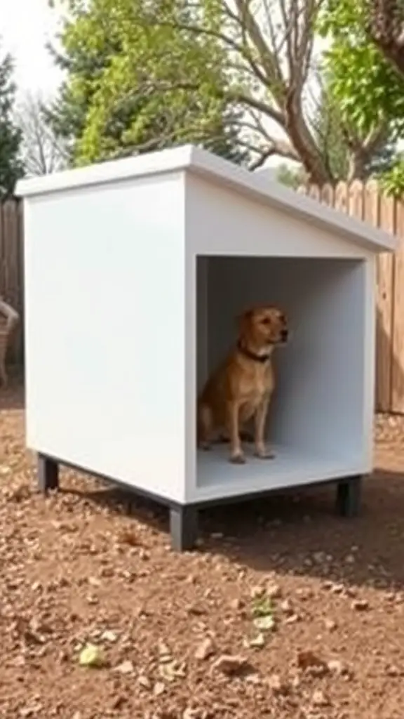 17+ Creative Outside Dog House Ideas for Your Furry Friend 6 A modern minimalist dog house with a sleek white design and a dog sitting inside.