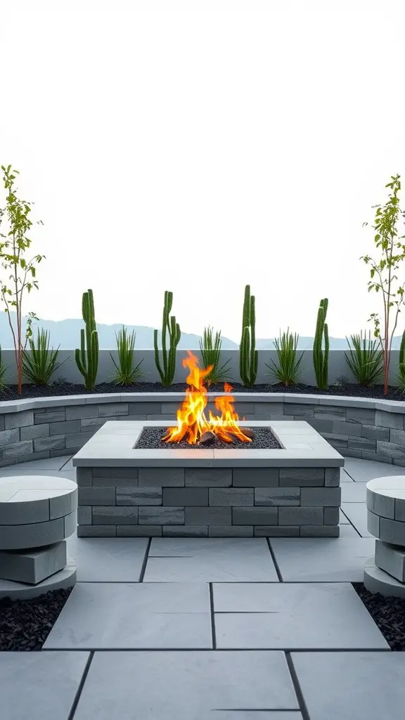 13 Creative Cinder Block Fire Pit Ideas for Your Backyard 2 A modern minimalist fire pit made of cinder blocks, surrounded by circular seating and landscaped with cacti.