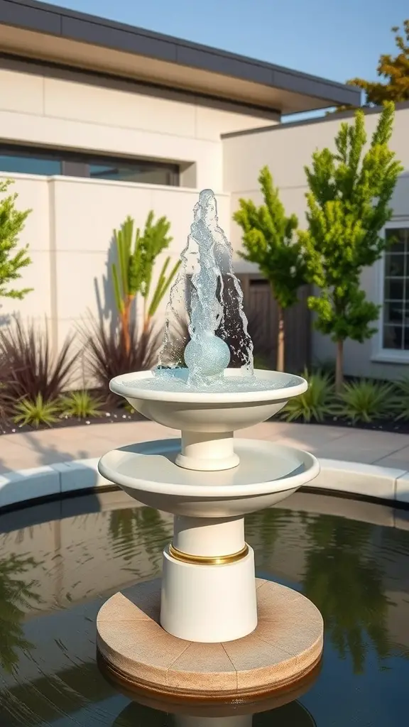 A modern minimalist fountain with multiple tiers and water flowing, surrounded by greenery.