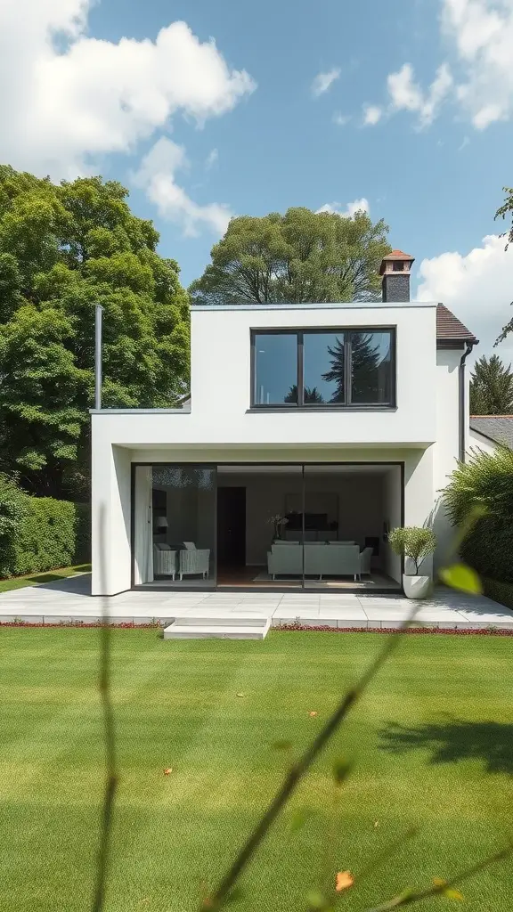 23 Inspiring Garden House Ideas for Your Outdoor Oasis 5 A modern minimalist garden studio with large glass windows and a well-maintained lawn.