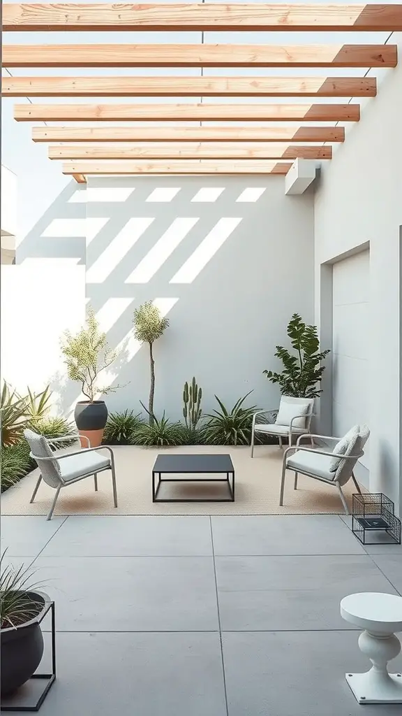 45 Creative Paint Ideas for Your Concrete Patio 14 A modern minimalist patio featuring concrete flooring, sleek chairs, and wooden beams overhead.
