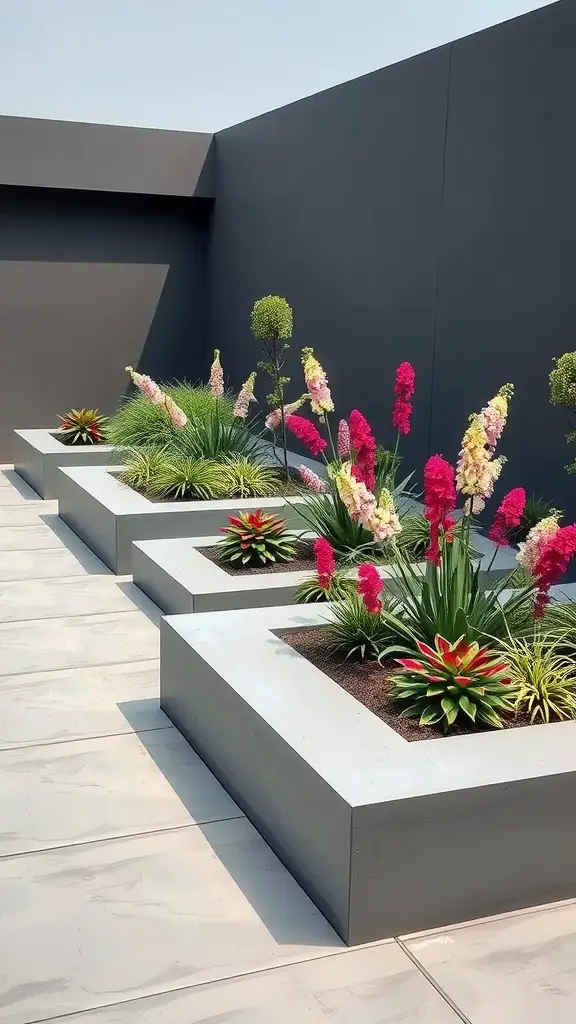 15 Inspiring Perennial Garden Design Ideas to Transform Your Space 5 A modern minimalist garden design featuring raised planters with colorful perennials against a dark wall.