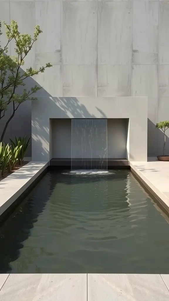 A modern minimalist pond with a sleek waterfall, surrounded by plants and a simple concrete structure.