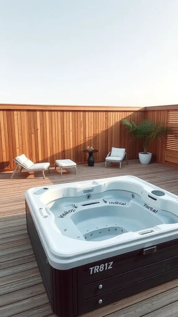 21 Amazing Hot Tub Backyard Ideas for Your Outdoor Oasis 9 A modern hot tub on a wooden deck with lounge chairs and a plant.