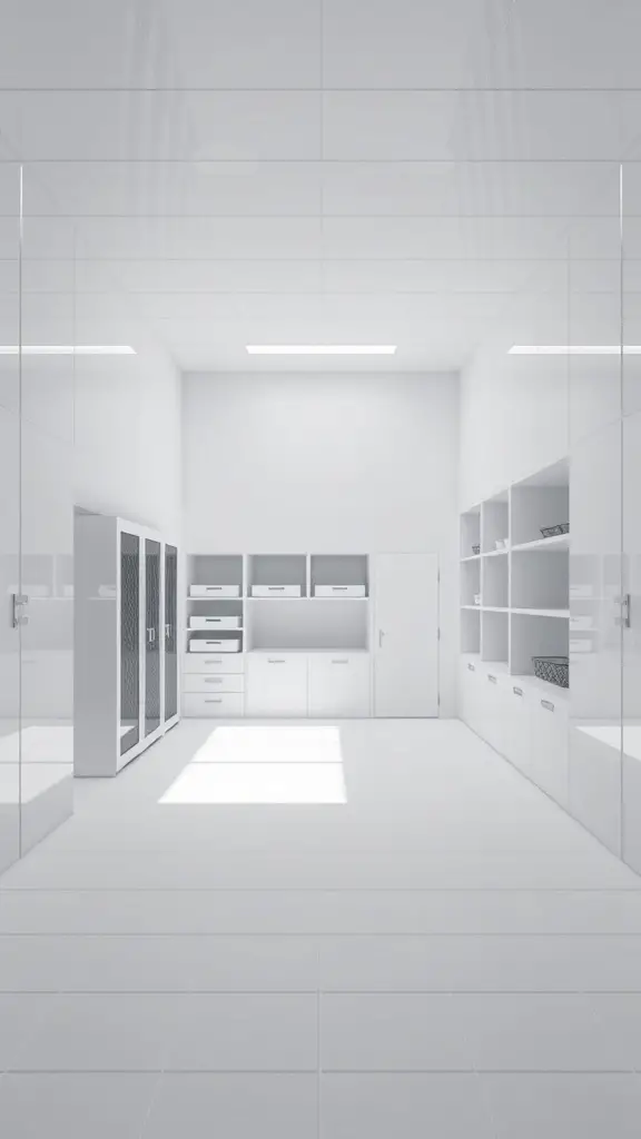 19 Creative Minecraft Storage Room Ideas You Need to Try 9 A modern minimalist storage room with white walls, shelves, and glass doors.