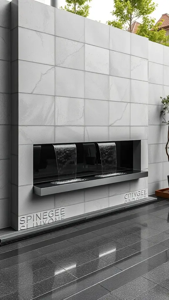 A modern minimalist wall fountain with a sleek design and flowing water.