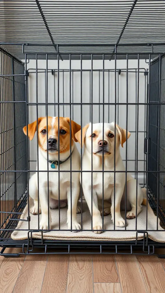 17+ Creative Dog Crate Ideas for Stylish Pet Spaces 15 Two dogs sitting in a modern wire dog crate with a divider