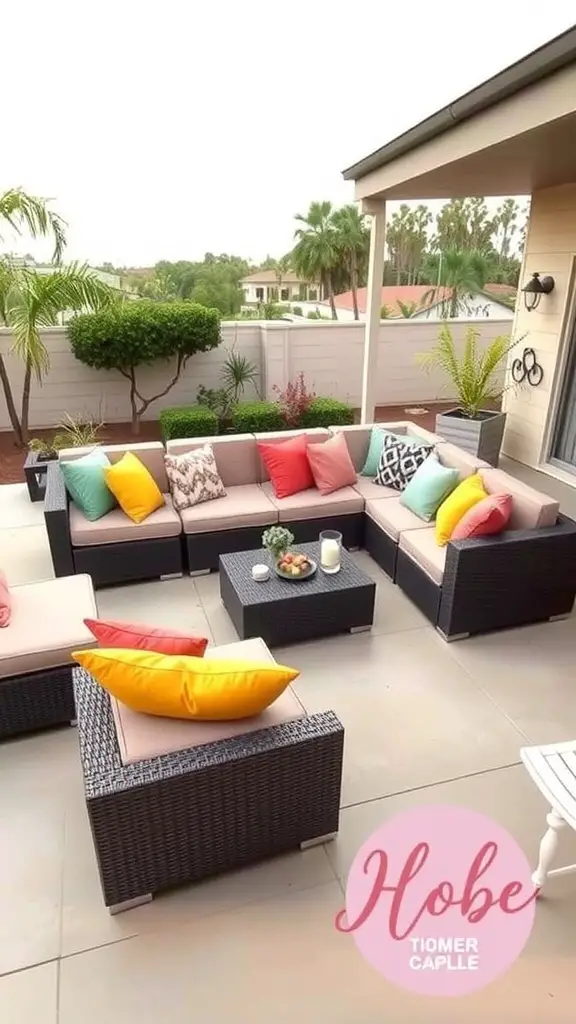 23 Stylish Outdoor Furniture Ideas for Your Dream Patio 9 A stylish outdoor modular sectional sofa with colorful cushions and a coffee table