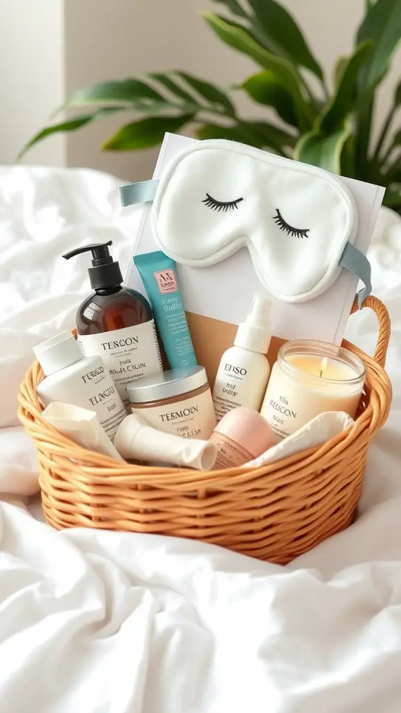 21 Thoughtful Baby Shower Basket Gift Ideas 14 A pampering gift basket for new moms, featuring skincare products, a sleep mask, and a candle.