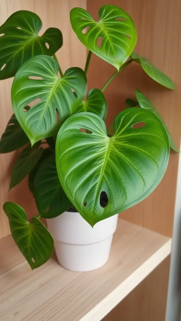 15 Stunning Monstera Plant Varieties You Need to Know About 5 Monstera Adansonii plant with large, holey leaves in a white pot on a wooden shelf.