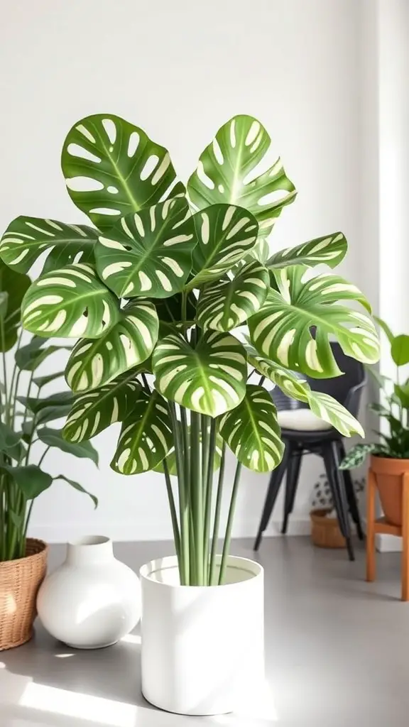 15 Stunning Monstera Plant Varieties You Need to Know About 11 A Monstera Albo Variegata plant with green and white leaves in a modern pot.